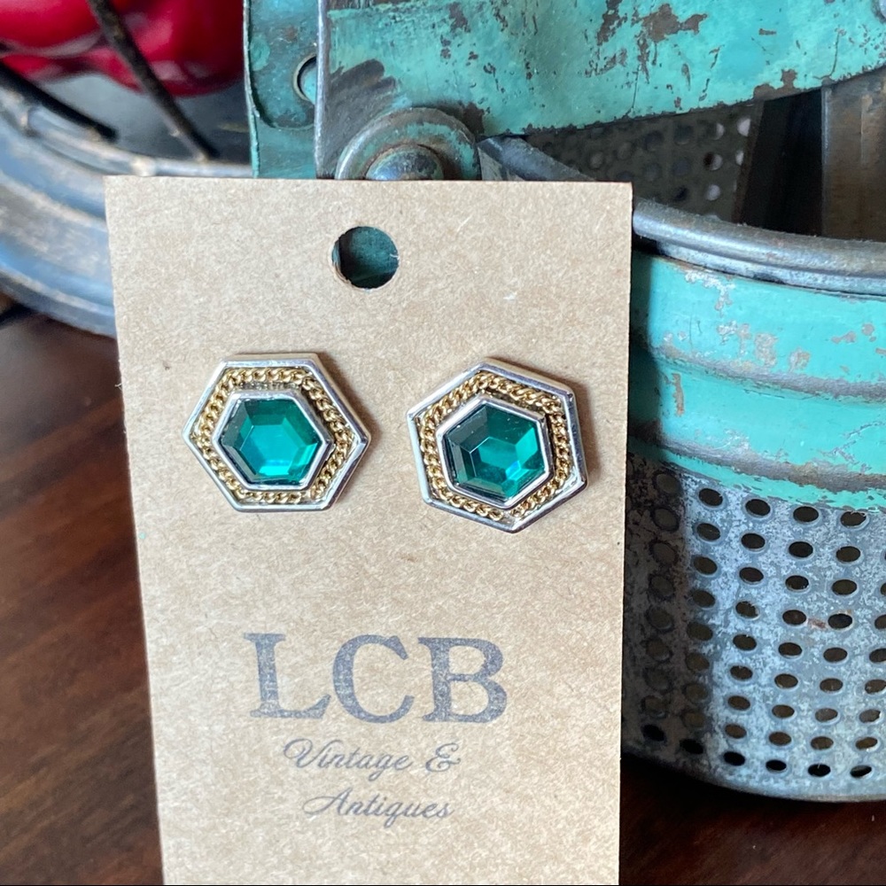 Nautical Collection! Vintage Green and Gold Hexagon Chunky Rope Button Earrings